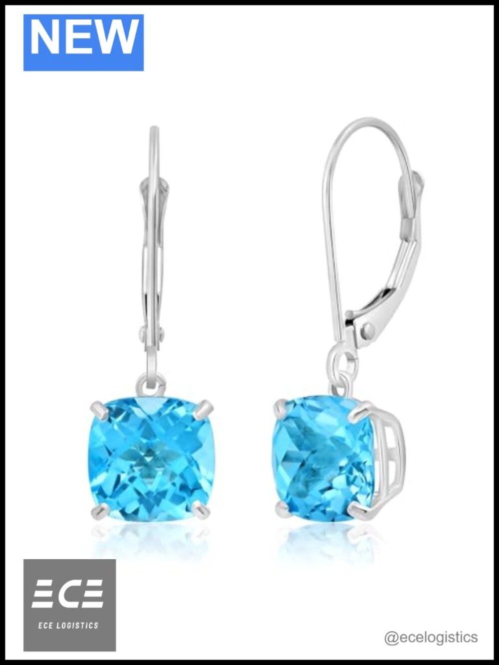 14K White Gold 8MM Cushion Cut Topaz Dangle Earrings